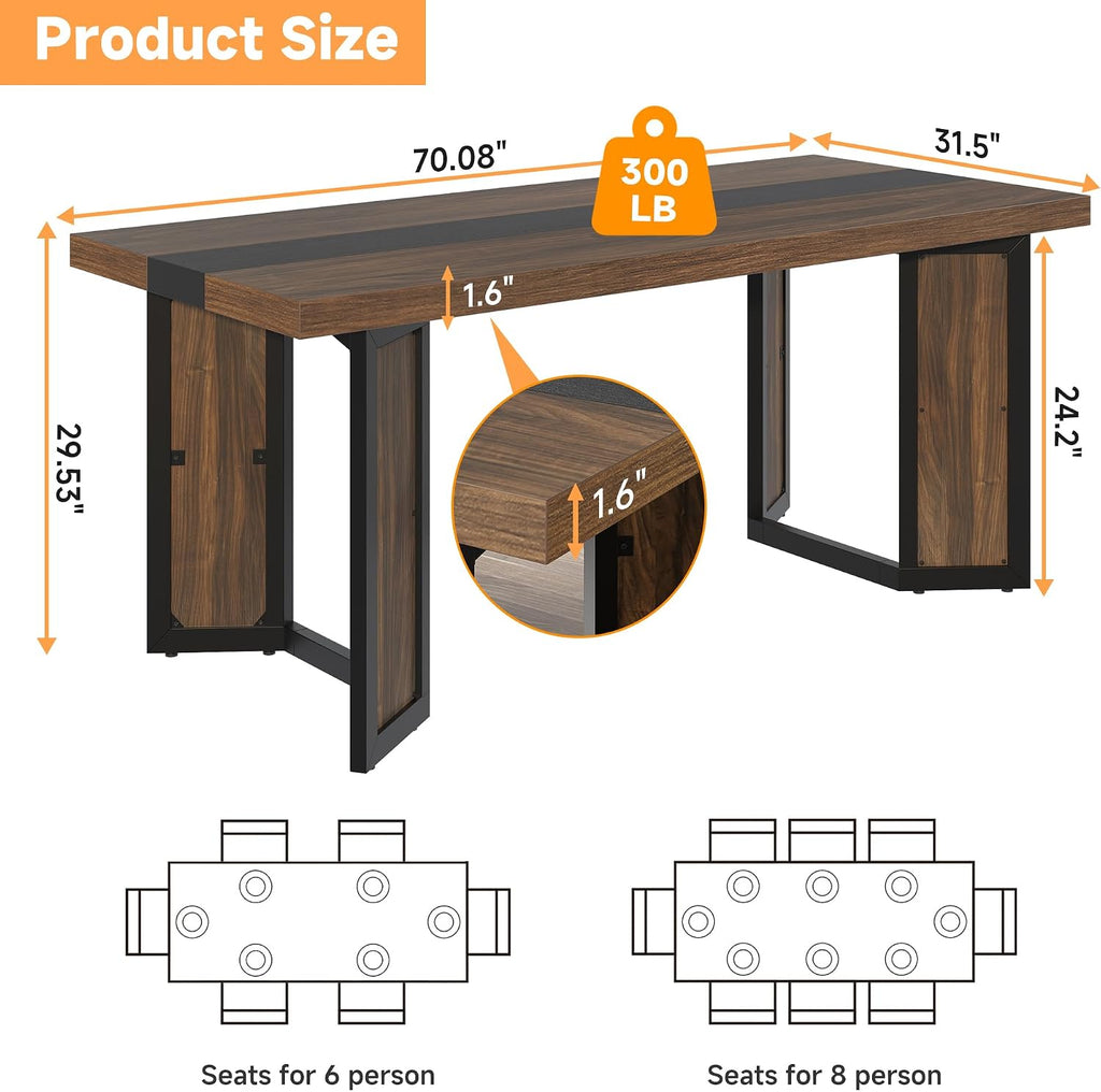 Industrial Dining Table for 6-8 People, 71" Large Long Wooden Kitchen Table with Sturdy Metal Frame & Brown Finish, Rustic Style Rectangular Dinner Table for Dining Room, Kitchen (Reddish Brown )