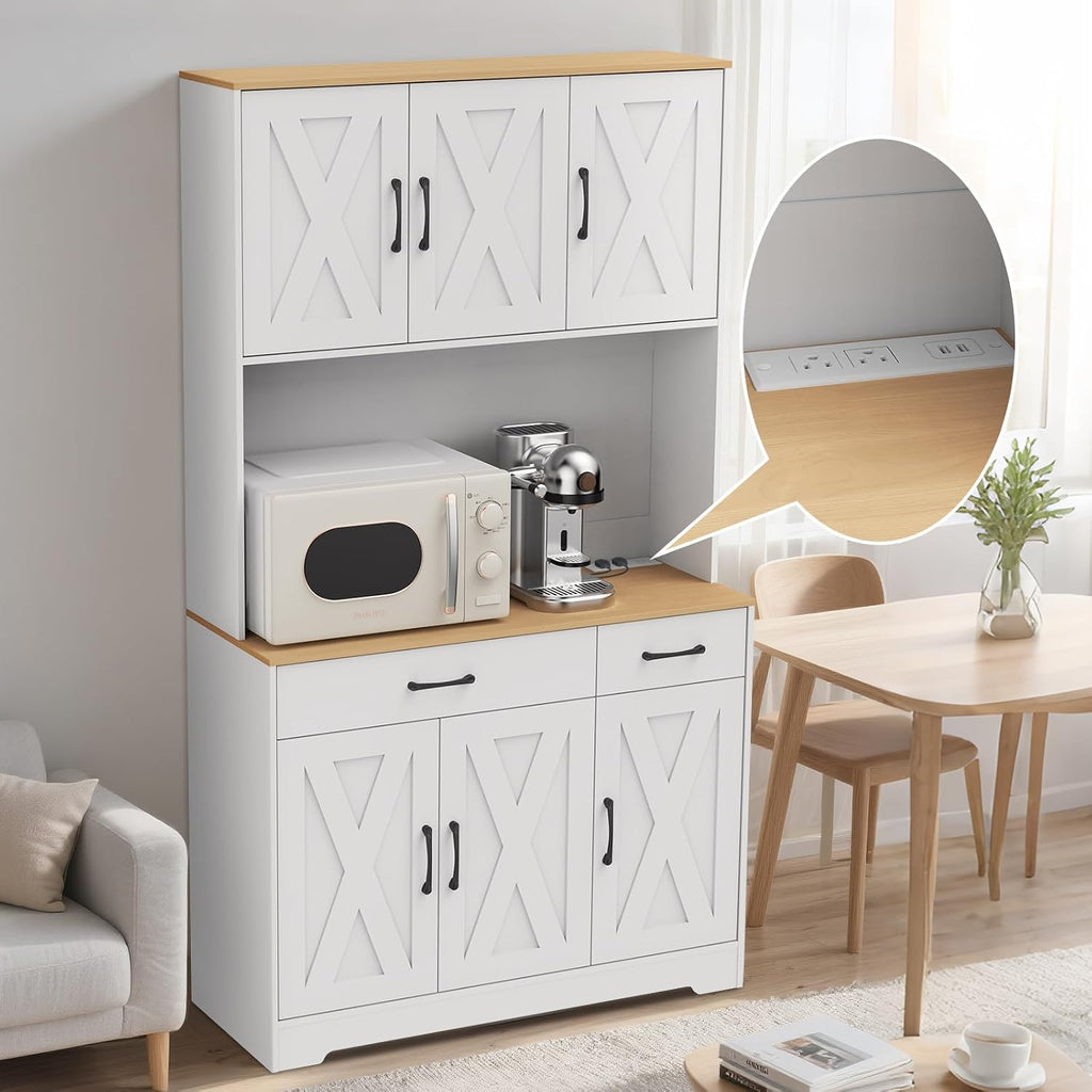 42" Tall Kitchen Pantry Storage Cabinet with Microwave Stand, with Charging Station, Farmhouse Food Pantry with Drawers for Living Room,Dining Room (White)