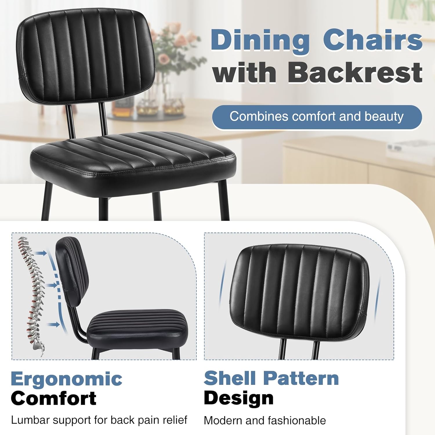 DUMOS Dining Chairs Set of 6, Upholstered Mid-Century PU Leather Accent Chair with Backrest and Metal Legs for Kitchen, Dining Room, Living Room, Black