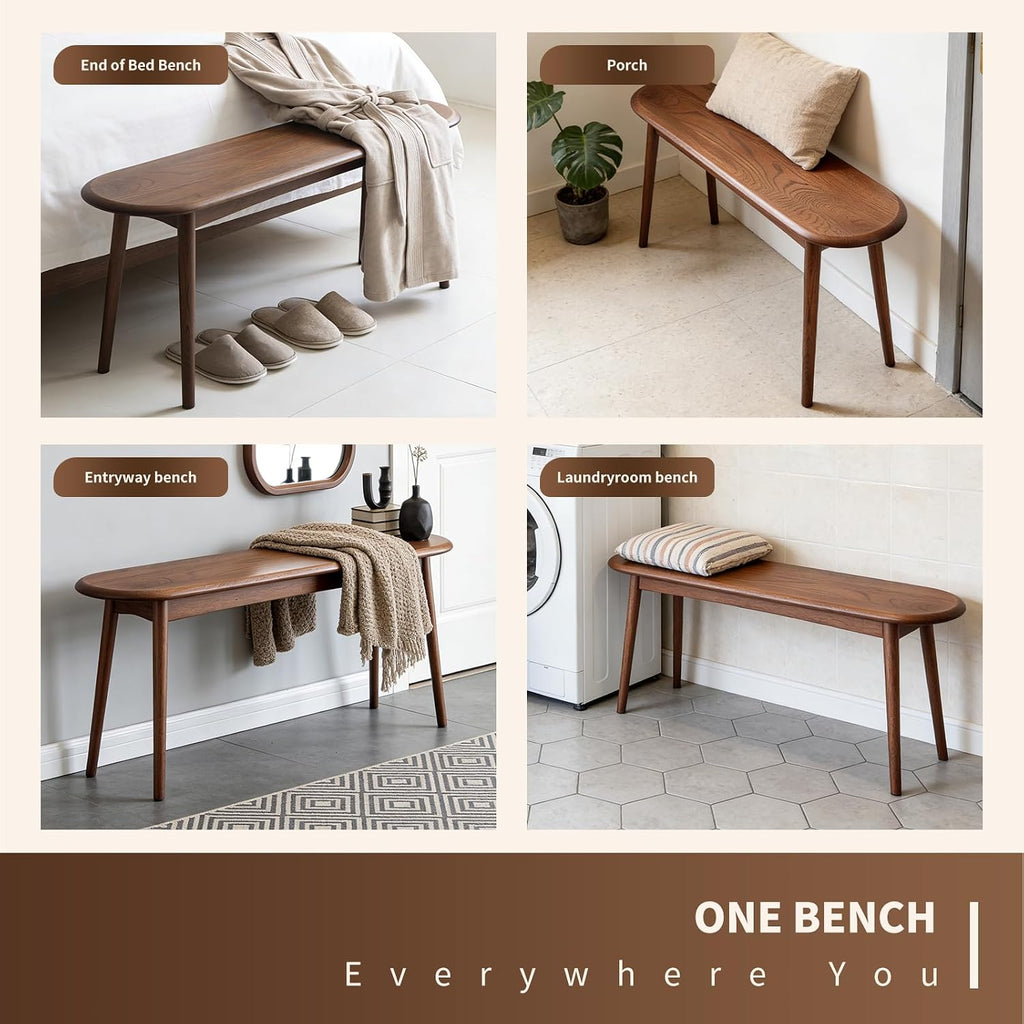 47" Solid Wood Skinny Bench | Walnut Finish Narrow Dining Bench | Mid-Century Modern Entryway Bench for Bed End, Living Room | Rounded Corners | Solid Oak Indoor Furniture