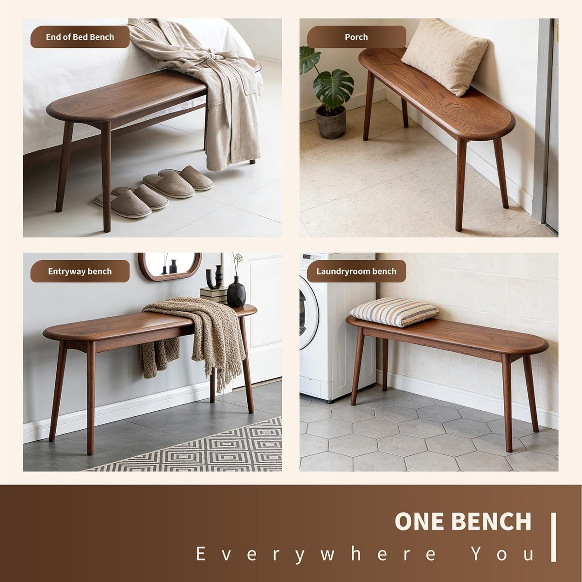 47" Solid Wood Skinny Bench | Walnut Finish Narrow Dining Bench | Mid-Century Modern Entryway Bench for Bed End, Living Room | Rounded Corners | Solid Oak Indoor Furniture