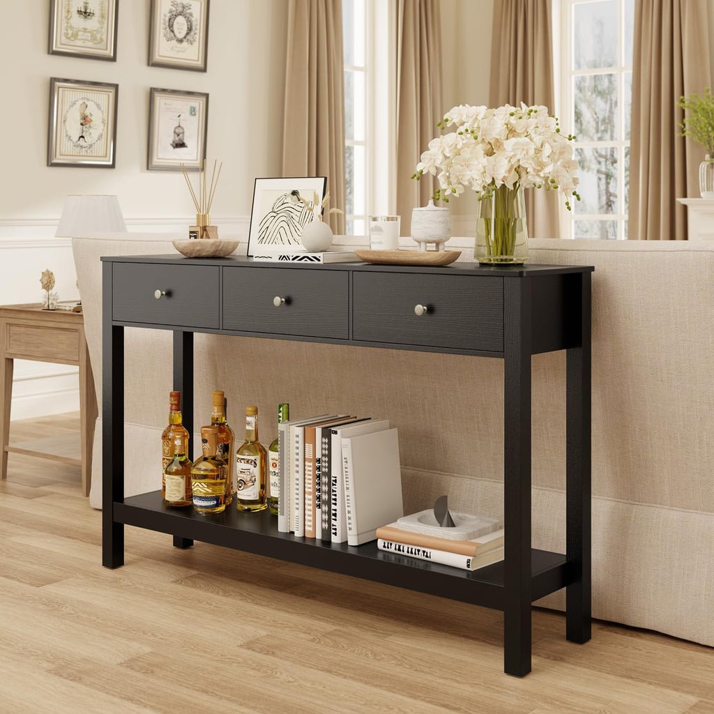 Gizoon 3 Drawer Wooden Sofa Table with Open Shelf | Modern Accent Console Table with Large Storage Space, for Living Room, Front Hall, Entrance Hall, Study Room, Black