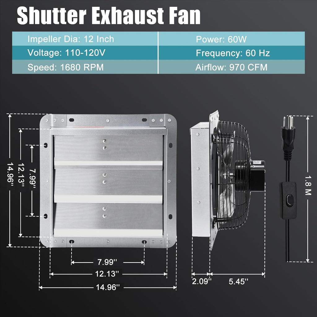12 Inch Shutter Exhaust Fan for Garage, Greenhouse, Attic, Chicken Coop, Shop, Shed, Basement Ventilation, 970 CFM 1680RPM High Speed Wall Mounted Vent Fan with ON/OFF Switch 1.8M Power Cord Kit