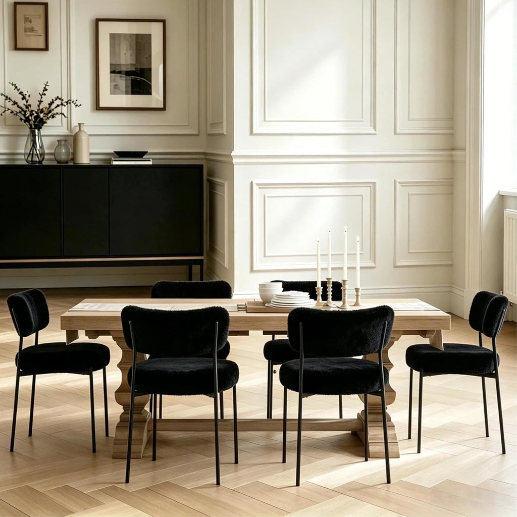 Boucle Dining Chair Set of 2, Mid Century Modern Upholstered Kitchen Chairs with Curved Backrest & Black Metal Legs, Round Dining Room Chairs, Black