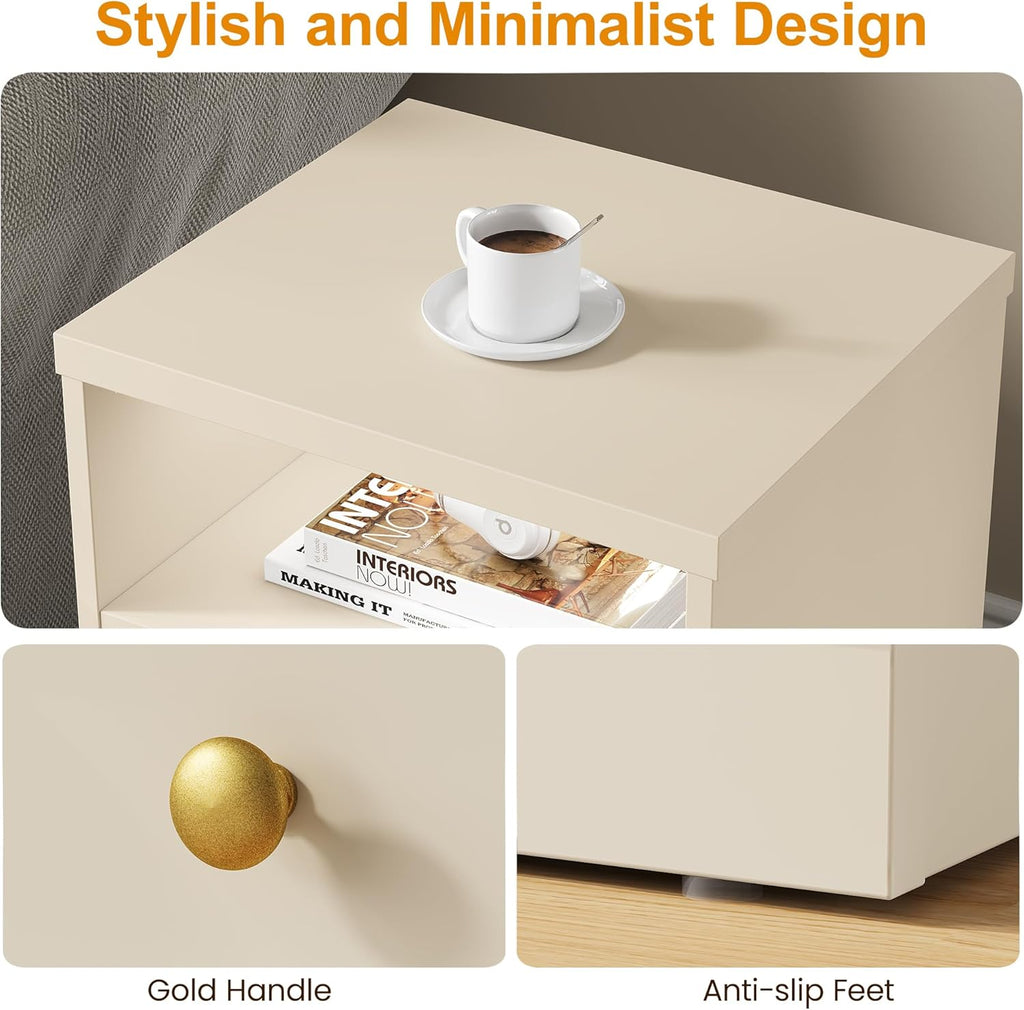 RoyalCraft End Table Set of 2, Nightstand with Storage Shelf and Door, Faux Two-Drawer Design Side Table, Wood Beside Table for Small Spaces, Modern NightStand for Living Room Bedroom Dorm, Beige