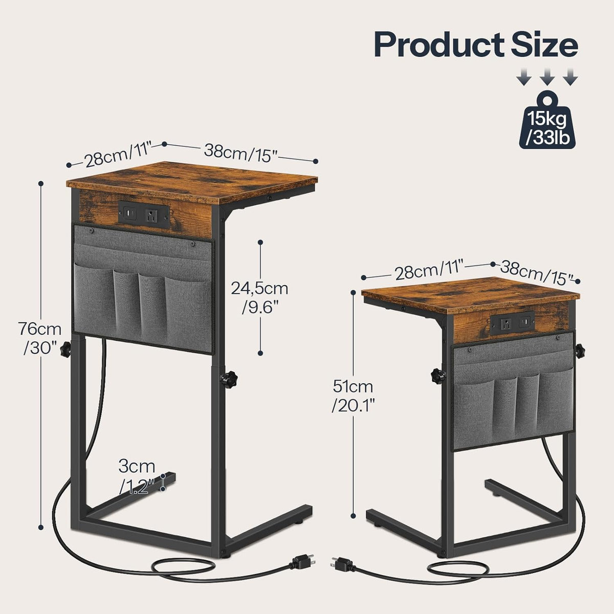 HOOBRO C Shaped End Table with Charging Station, 30” Adjustable Height Sofa Side Table with Storage Pocket, Slide Under Couch Table for Sofa Arm Tray, for Living Room, Bedroom, Rustic Brown BF77USF01