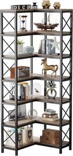 Tribesigns 7-Shelf Corner Bookshelf,Large Modern Corner Bookcase, 7-Tier Tall Corner Shelf Storage Display Rack with Metal Frame for Living Room Home Office (Grey)