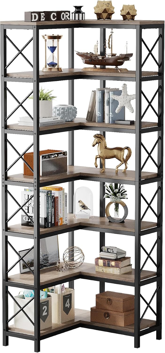 Tribesigns 7-Shelf Corner Bookshelf,Large Modern Corner Bookcase, 7-Tier Tall Corner Shelf Storage Display Rack with Metal Frame for Living Room Home Office (Grey)