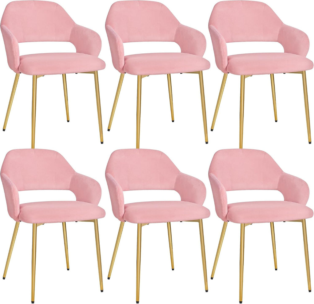 VECELO Velvet Dining Chairs Set of 6, Modern Upholstered Kitchen Chairs with Cushion, Padded Backrest and Metal Legs, Pink