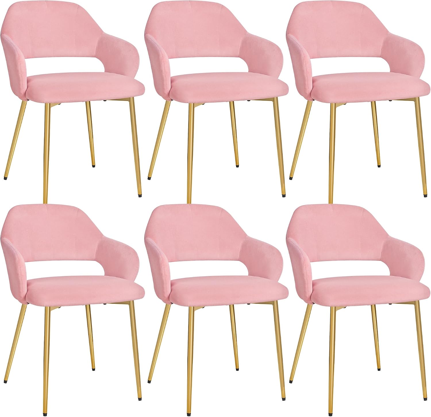 VECELO Velvet Dining Chairs Set of 6, Modern Upholstered Kitchen Chairs with Cushion, Padded Backrest and Metal Legs, Pink