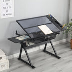 Drafting Table Desk, Painting Table Art Craft Desk Crafting Table with Tilting Tempered Glass Top, 2 Storage Drawers, Height Adjustable