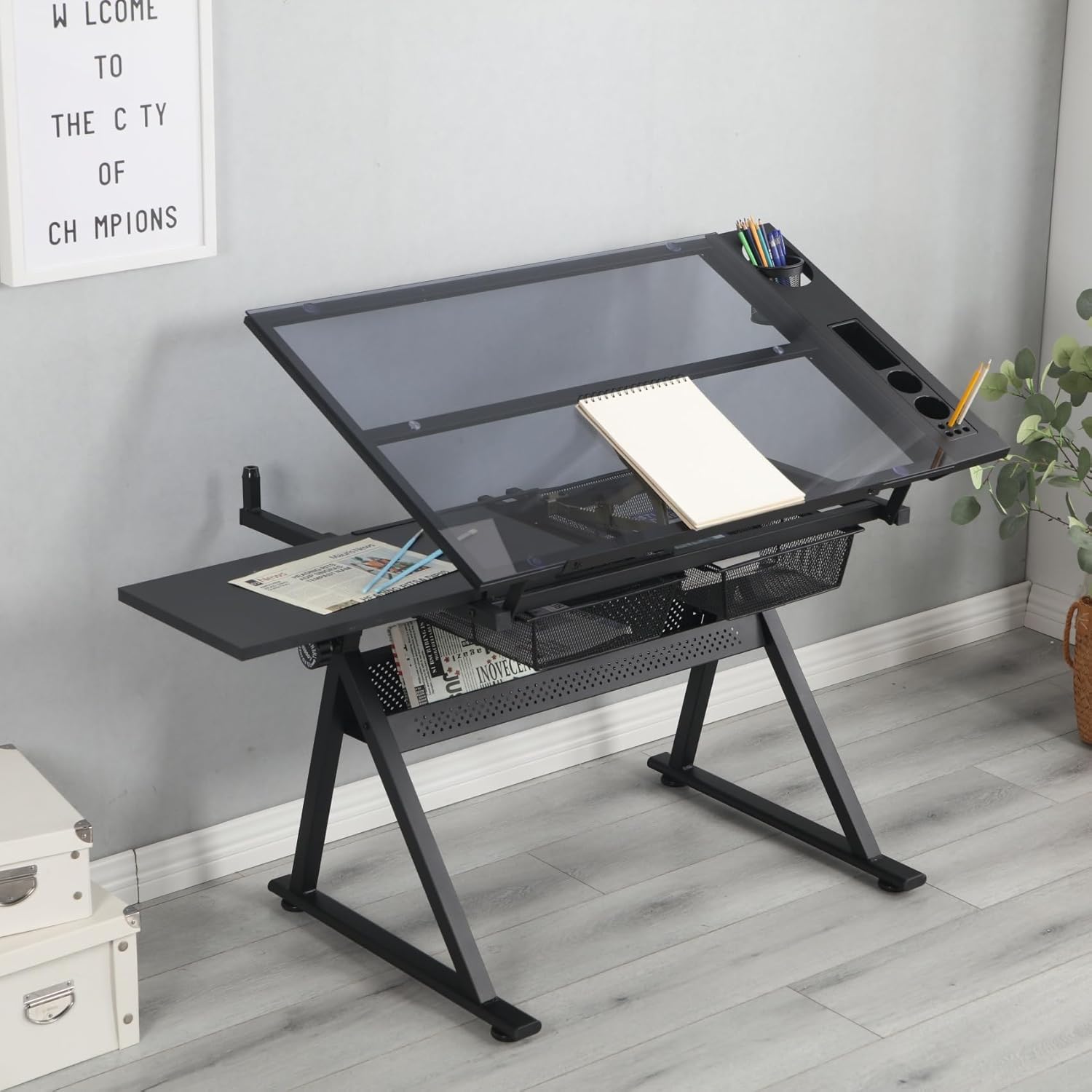 Drafting Table Desk, Painting Table Art Craft Desk Crafting Table with Tilting Tempered Glass Top, 2 Storage Drawers, Height Adjustable