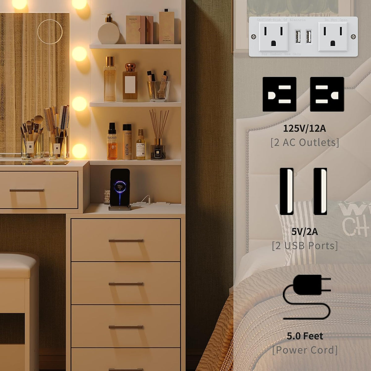 Yanosaku 55'' W Makeup Vanity with Mirror & Lights, 10 Drawers Vanity Desk with Charging Station, 6 Open Shelves, 3 Lighting Modes Brightness Adjustable, Glass Top Vanity with Chair for Bedroom, White