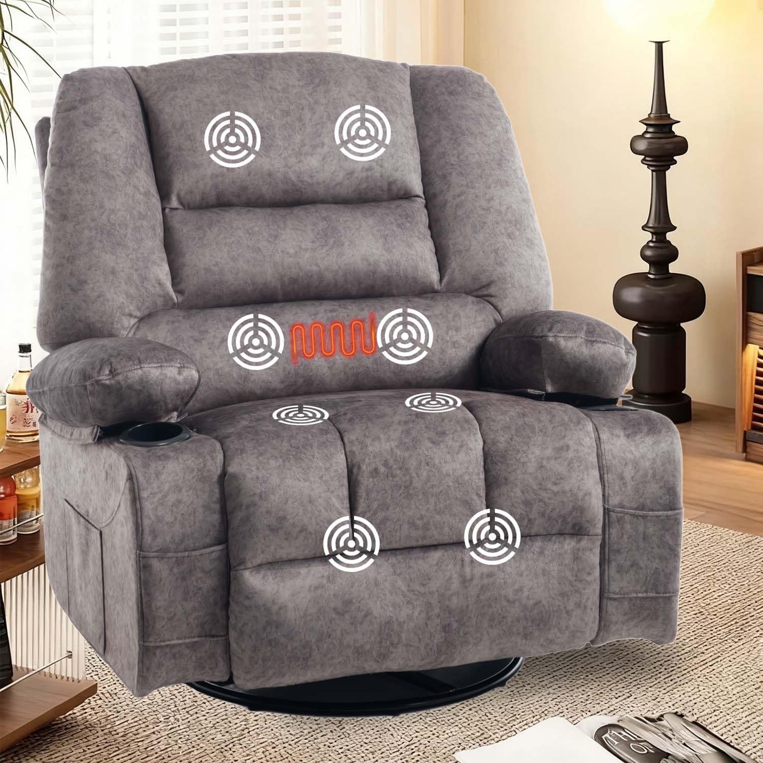 KCQ Oversized Swivel Rocker Recliner Chair with Massage Heat Cup Holders, Overstuffed Fabric Heated Massaging Swivel Glider Chair Rocking Recliner Chair, Grey