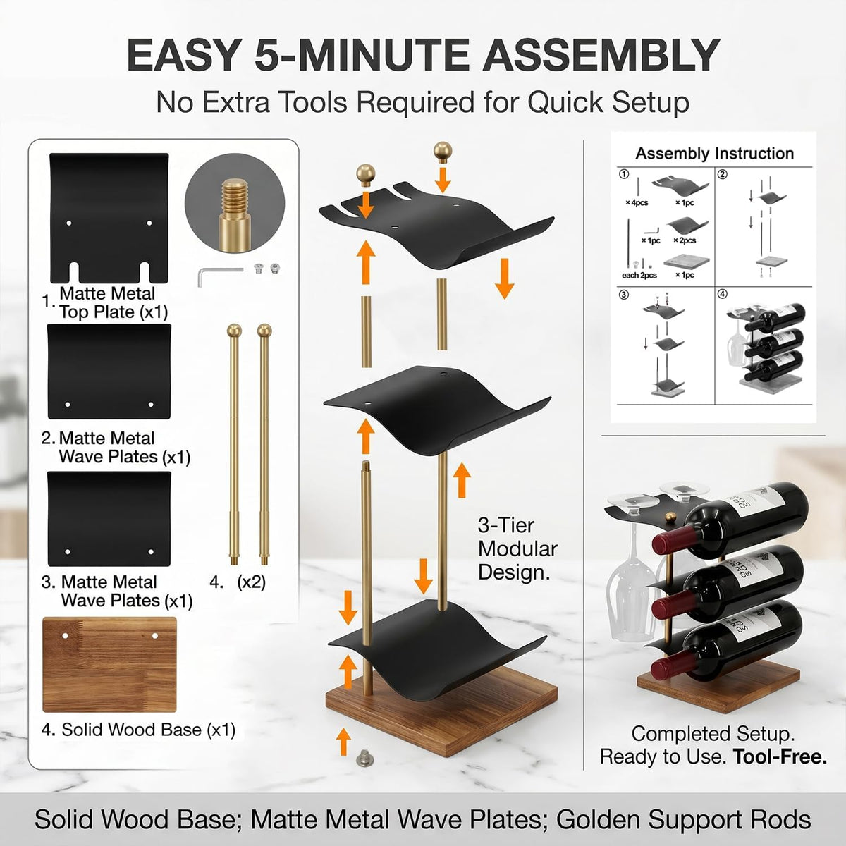 Modern Abstract Wine Rack, Black Metal Wine Holder with Wood Base, 3 Bottle Wine Display Stand for Countertop, Decorative Wine Rack for Home Bar Kitchen Decor, Unique Gift for Wine Lovers