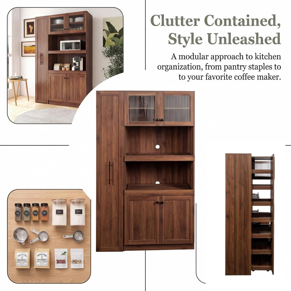 70.87" H Walnut Farmhouse Kitchen Pantry Cabinet, 4-Door Pull-Out Multi-Tier Storage Shelf, Pantry Organizer for Kitchen Dining Room