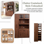 70.87" H Walnut Farmhouse Kitchen Pantry Cabinet, 4-Door Pull-Out Multi-Tier Storage Shelf, Pantry Organizer for Kitchen Dining Room