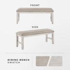 Lexicon Dining Bench with Padded Seat and Wooden Frame, Entryway Bench, Light Gray Textured Fabric Upholstered Dining Seat for Kitchen/Living Room, 19.5" SH, Brushed Antique White