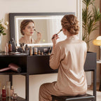Cyclysio Vanity Desk with Flip Top Mirror and Lights, Black | Makeup Vanity Desk with Drawers, Dressing Table with Storage Shelves & Charging Station, Small Vanity for Small Spaces