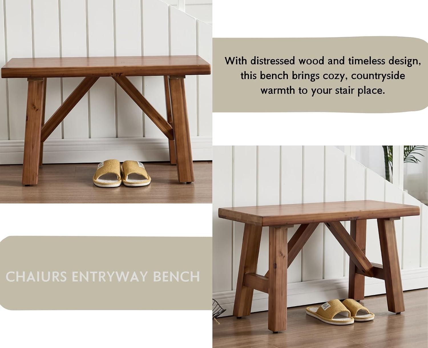 chairus Farmhouse Solid Wood Bench, 30" Entryway Bench Seat Rustic Narrow Dining Room Bench for Kitchen/Living Room/Bedroom/Entrance/Small Apartment, Walnut