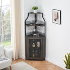 Garvee Corner Wine Rack Cabinet for Liquor Cabinet with Adjustable Shelves, 61 in Industrial Tall Bar Cabinet Freestanding with Mesh Door and Glass Holder for Kitchen, Rustic Brown