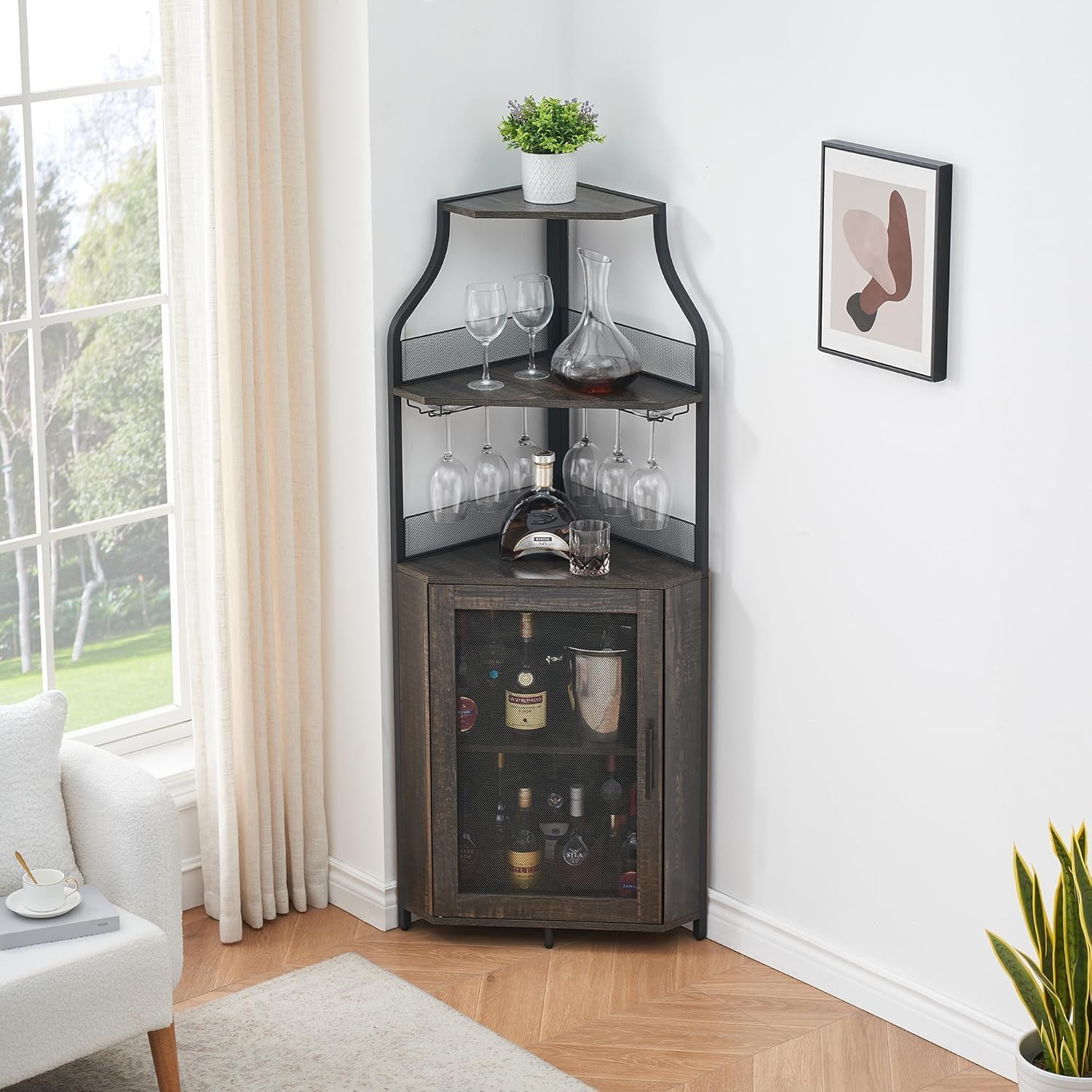 Garvee Corner Wine Rack Cabinet for Liquor Cabinet with Adjustable Shelves, 61 in Industrial Tall Bar Cabinet Freestanding with Mesh Door and Glass Holder for Kitchen, Rustic Brown