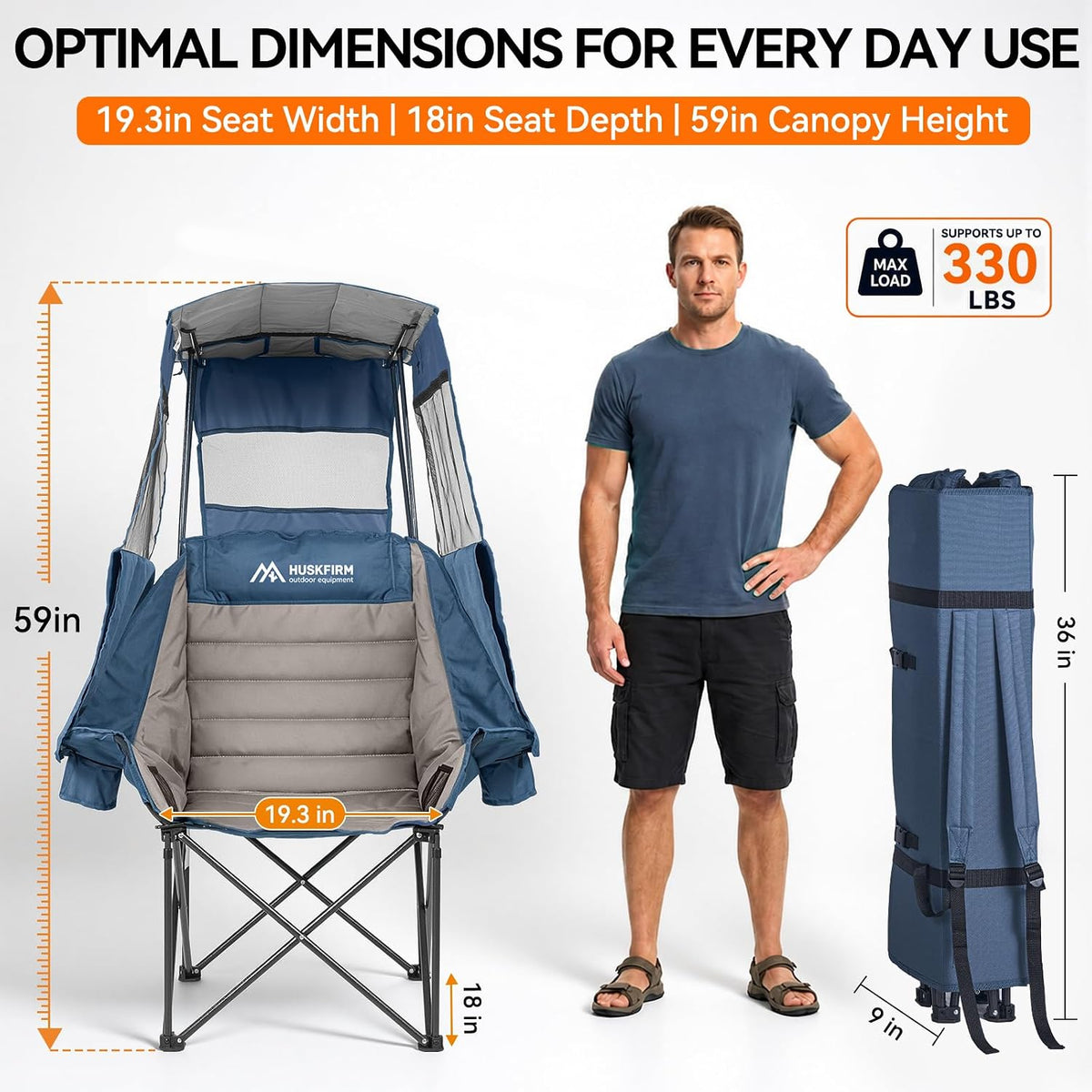 Huskfirm Camping Chair with Canopy Shade, Folding Oversized Beach Chair with Canopy, Heavy Duty Canopy Chair with Cup Holders, Carry Bag, Supports 400 lbs, for Beach, Sports, Fishing, Lawn Blue