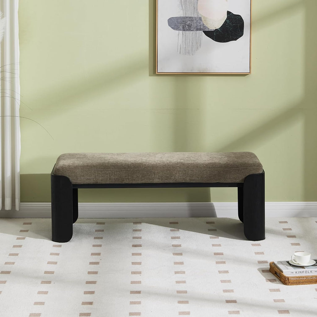DUOMAY Modern Green Chenille Bedroom Bench, 49" Wide Long Entryway Bench with Solid Wood Legs Upholstered Dining Bench Ottoman for Living Room Indoor