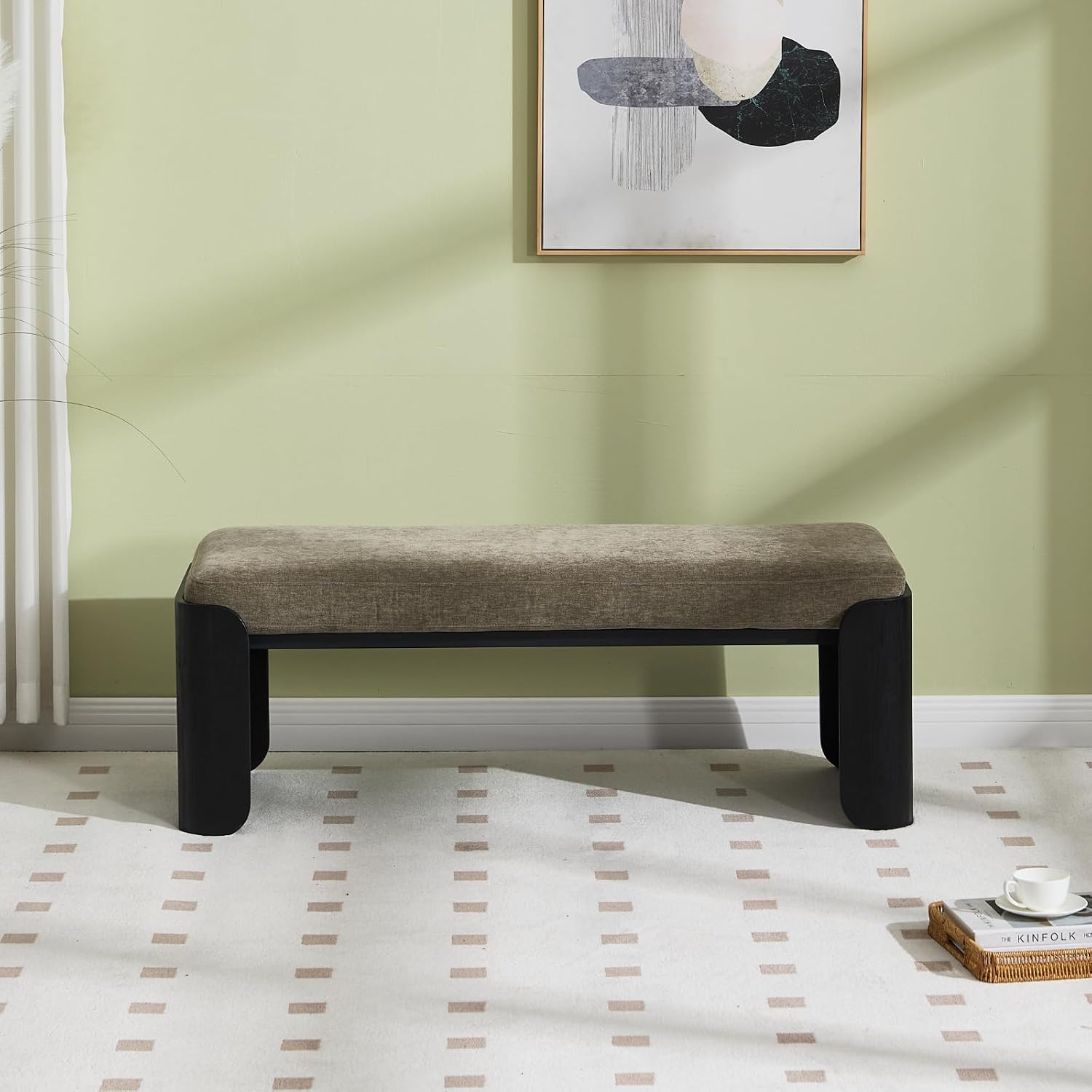 DUOMAY Modern Green Chenille Bedroom Bench, 49" Wide Long Entryway Bench with Solid Wood Legs Upholstered Dining Bench Ottoman for Living Room Indoor