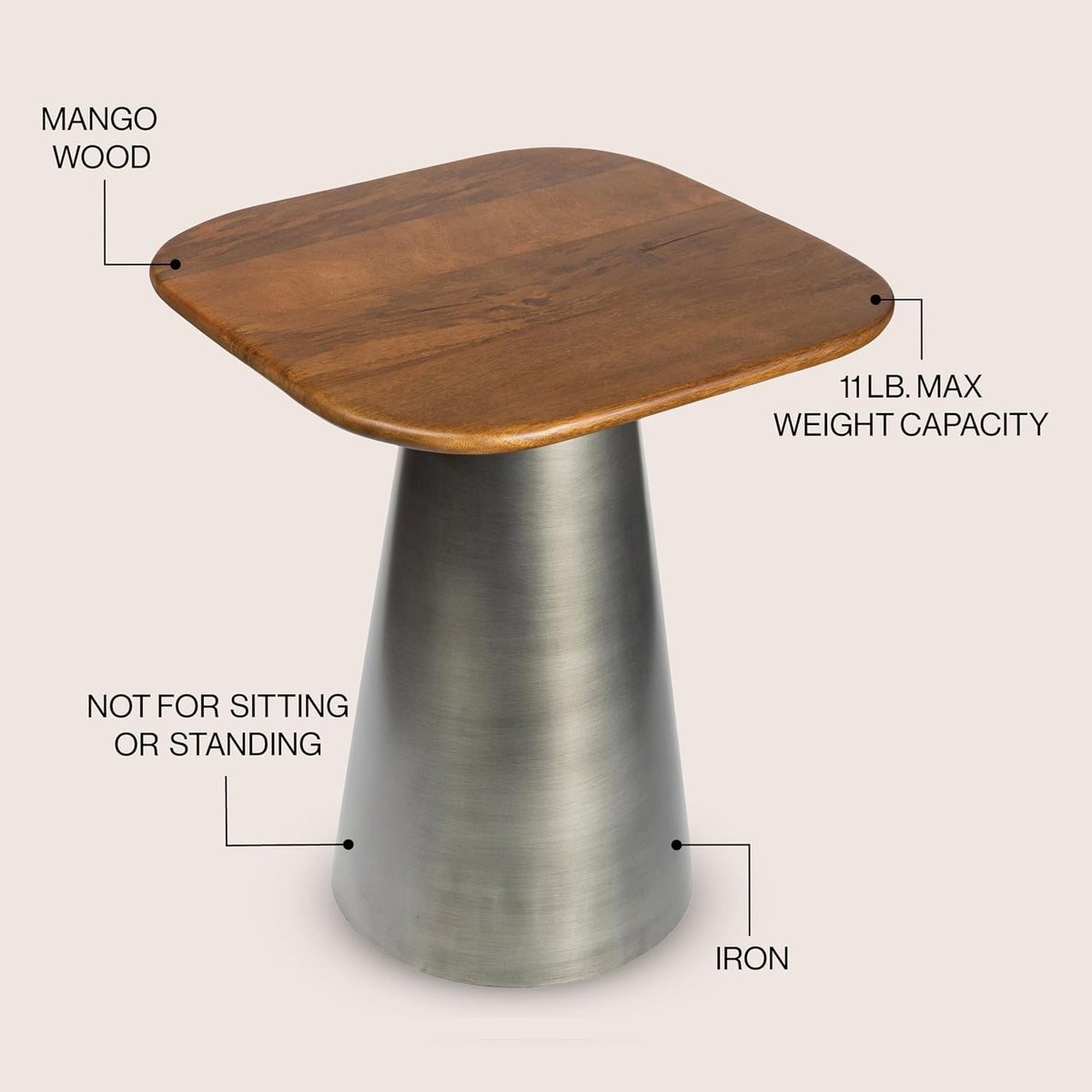 JONATHAN Y Skye Industrial Solid Mango Wood Square End Table with Tapered Metal Pedestal Base, 18" Accent Side Table or Nightstand for Living Room, Bedroom, Honey Wood/Oxidized Nickel END5000A
