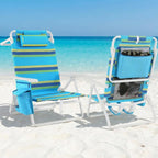 TLSUNNY 25" W Low Beach Chair for Adults W/5-Position Lay Flat & Cooler Pouch, Folding Backpack Beach Chair W/Headrest, Storage Bag, Towel Bar, Foot Mat, for Camping,350LBS(2, Blue/Green, 8.9″)