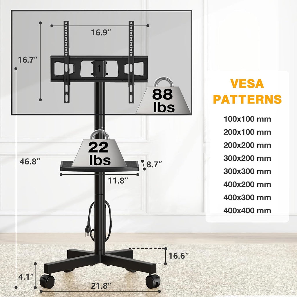 TVON Mobile TV Stand with Power Outlet for 23-65 Inch TVs up to 88 lbs | Tilt Rolling TV Cart with Height Adjustment & Locking Wheels, Portable TV Stand for Bedroom, Office, Max VESA 400x400mm