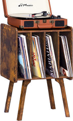 LELELINKY Small Record Player Stand, 4 Cabinet Vinyl Storage Table, Brown | Width 11.7 In, Up to 80 Albums, Vinyl Holder with Wood Legs, Turntable Stand Display Shelf for Bedroom and Living Room