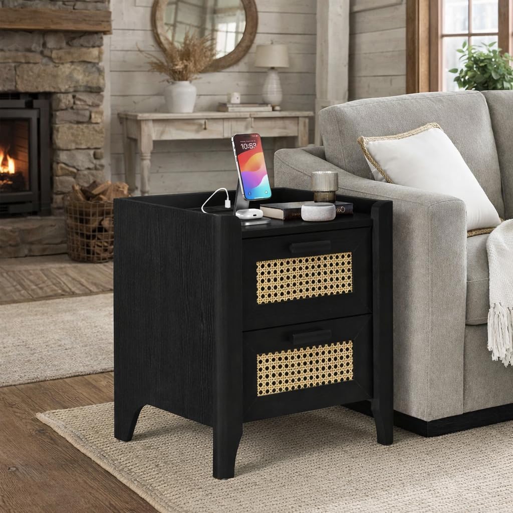 ELISA HOME Rattan-Inspired 2 Drawer Nightstand with Charging Station, Bedside Table with Drawers, Night Stand for Bedroom, End Table or Side Table for Living Room, 15.5" D x 18.9" W x 21.7" H, Black