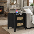 ELISA HOME Rattan-Inspired 2 Drawer Nightstand with Charging Station, Bedside Table with Drawers, Night Stand for Bedroom, End Table or Side Table for Living Room, 15.5" D x 18.9" W x 21.7" H, Black