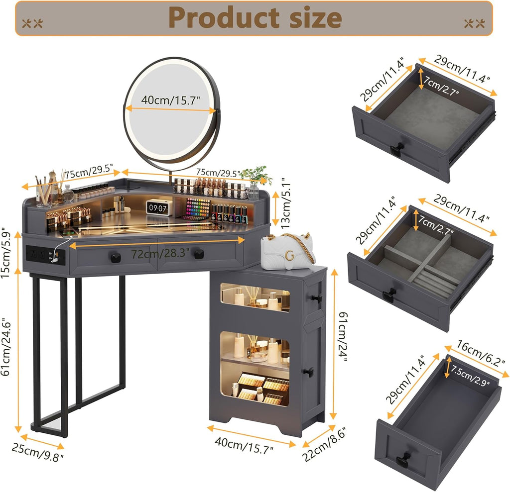 FREDEES Glass Top Makeup Vanity with Mirror and Lights | Corner Makeup Desk with Drawers and Shelves, Vanity Table with Charging Station and Stool for Bedroom/Cloakroom