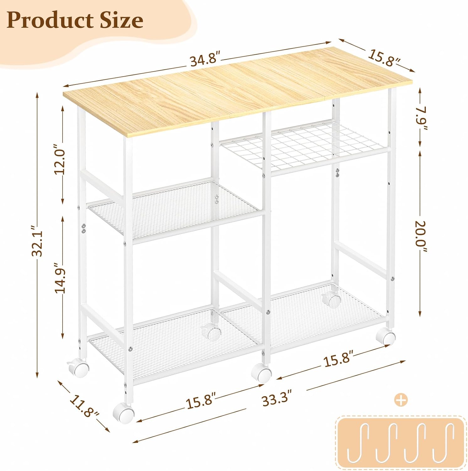 ThreeHio Kitchen Island cart with Storage, Mobile Kitchen Cart with 4 Hooks and Adjustable Shelf on Wheels, Rolling Microwave Stand Coffee Bar Baker's Rack Utility Cart for Kitchen, Dinning Room,White