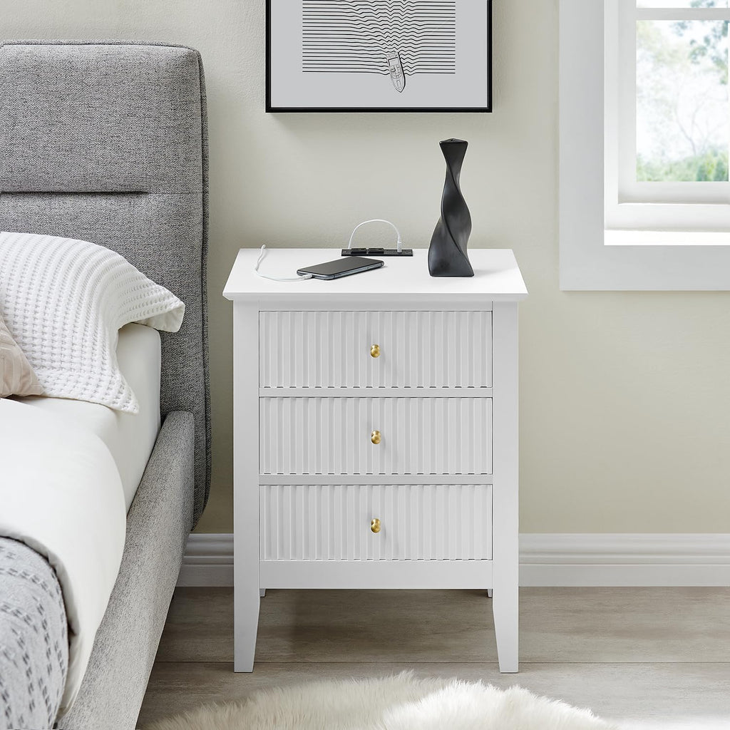 OCANDO White Bed Side Table with 3 Drawers 19" W, Bedroom Nightstand 24" H,Vintage Modern Night Stand with USB Ports,Living Room Fluted End Bedside Tables