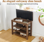 24" Short Entryway Shoe Storage Bench with Cushion, Height Adjustable 3-Tier Rubberwood Shoe Rack with Hidden Compartment, Brown Wood Shoe Organizer for Small Spaces