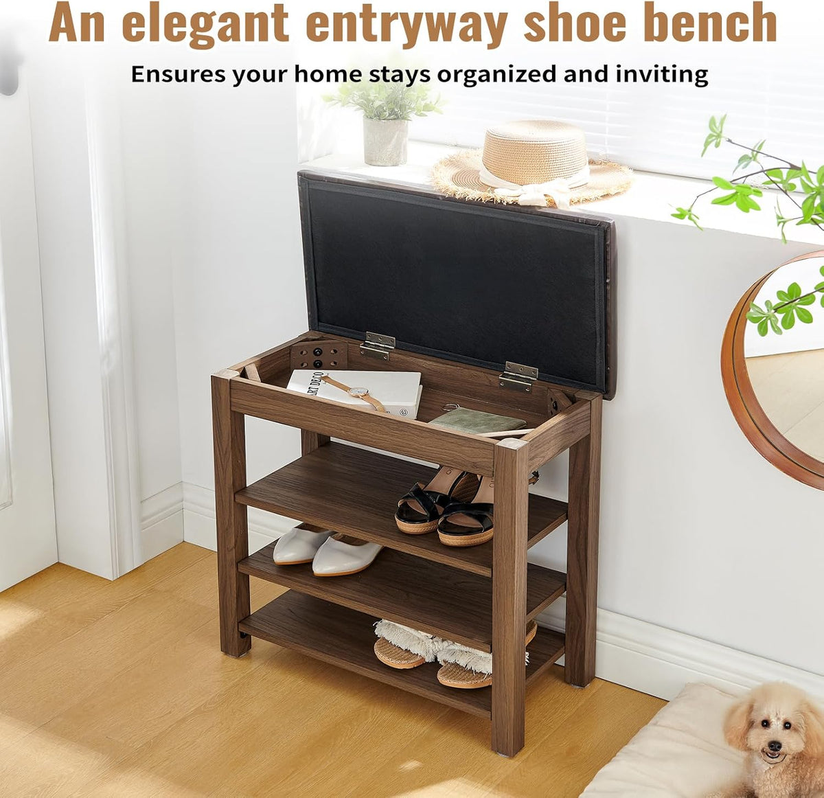 24" Short Entryway Shoe Storage Bench with Cushion, Height Adjustable 3-Tier Rubberwood Shoe Rack with Hidden Compartment, Brown Wood Shoe Organizer for Small Spaces