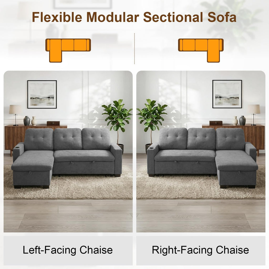 82" L Shaped Sleeper Sofa Bed, Pull Out Sectional Couch with Storage Chaise/Reclining Backrest, Sectional Couches for Living Room with USB Port, Foldable Table, Cup Holder, Side Pocket, Light Grey