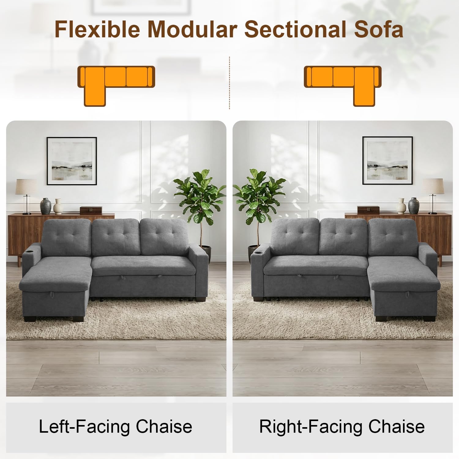 82" L Shaped Sleeper Sofa Bed, Pull Out Sectional Couch with Storage Chaise/Reclining Backrest, Sectional Couches for Living Room with USB Port, Foldable Table, Cup Holder, Side Pocket, Light Grey