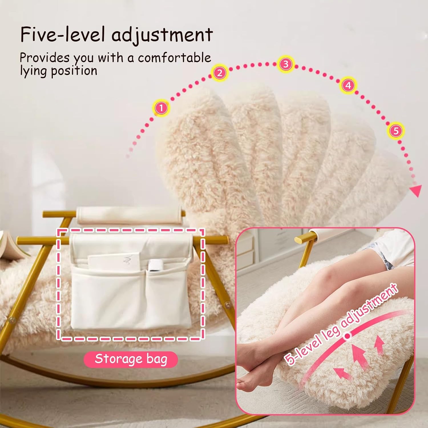 Fluffy Armchairs with Adjustable High Backrest, Rocking Chair with Side Pockets, Upholstered Glider Cozy Accent Chair, Loading Capacity 200kg/440lb