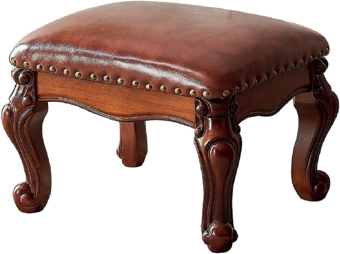 LKZ Foot Stool Microfiber Leather Ottoman Wooden Shoe Stool Small Sofa Stool Footrest Stool for Living Room Bedroom (Red-Brown)