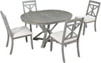 Merax Extendable Round Dining Table Set for 4, Farmhouse Kitchen Table Set with 4 Upholstered Chairs for Kitchen, Dining Room, Living Room, Grey