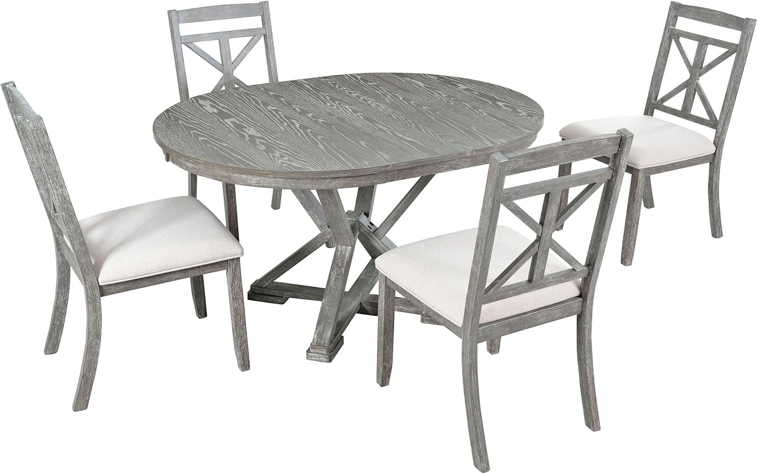 Merax Extendable Round Dining Table Set for 4, Farmhouse Kitchen Table Set with 4 Upholstered Chairs for Kitchen, Dining Room, Living Room, Grey