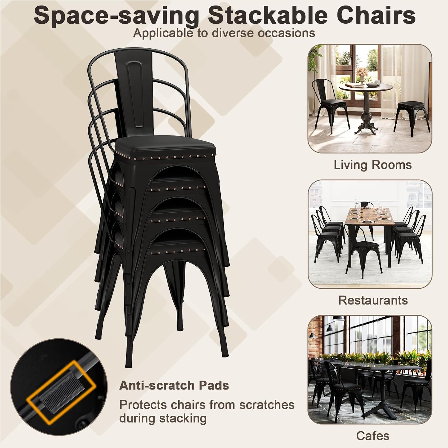 GIANTEX Metal Dining Chairs Set of 4, Stackable Armless Kitchen Side Chair with Detachable Backrest & PU Leather Padded Seat, Modern Dinette Chairs for Dining Room, Cafe, Restaurant, Bar (Black)