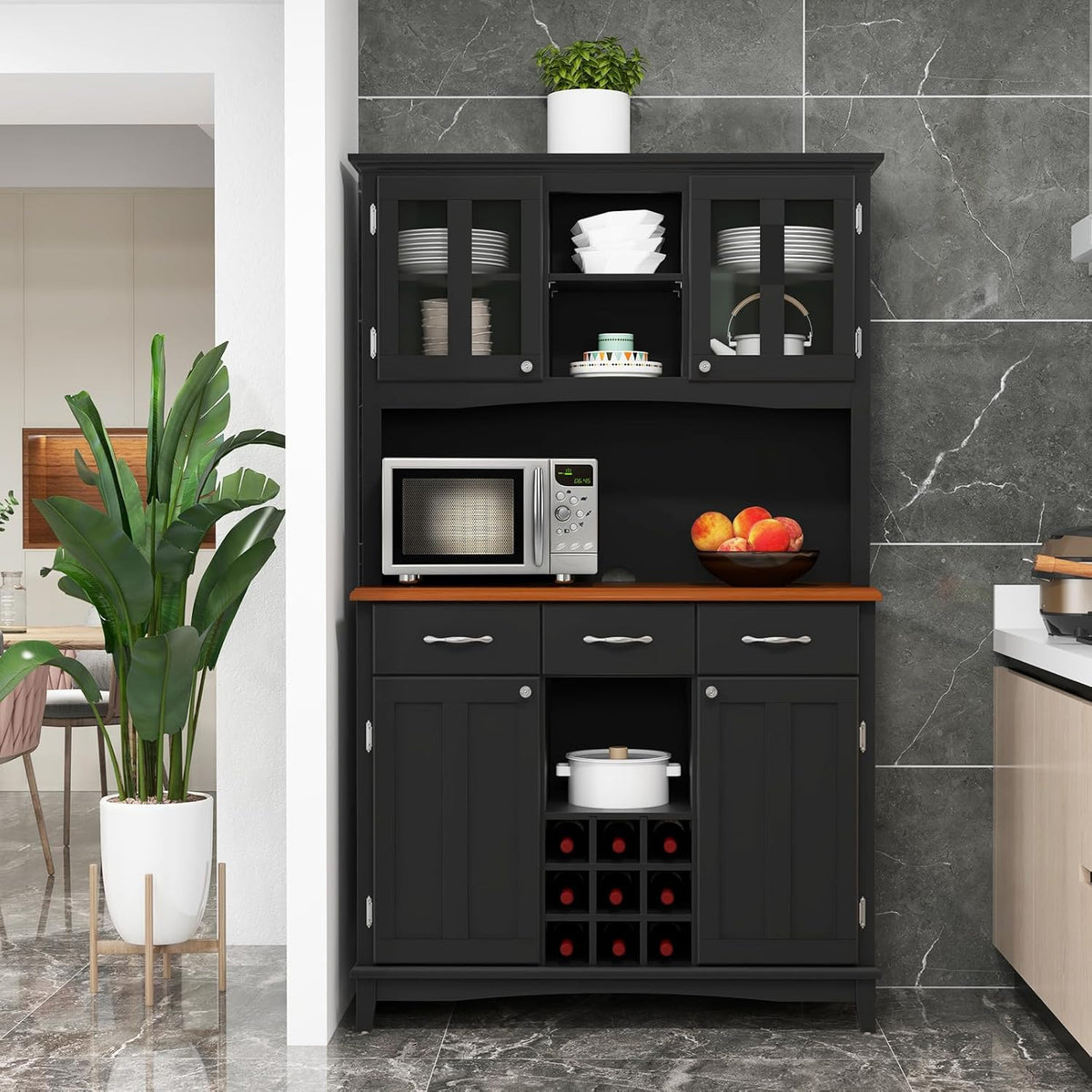 72.5” Buffet with Hutch, Freestanding Pantry Storage Cabinet with Drawers, Adjustable Shelves, Wine Grids, Microwave Countertop, Kitchen Cupboard for Dining Room, Living Room (Black)