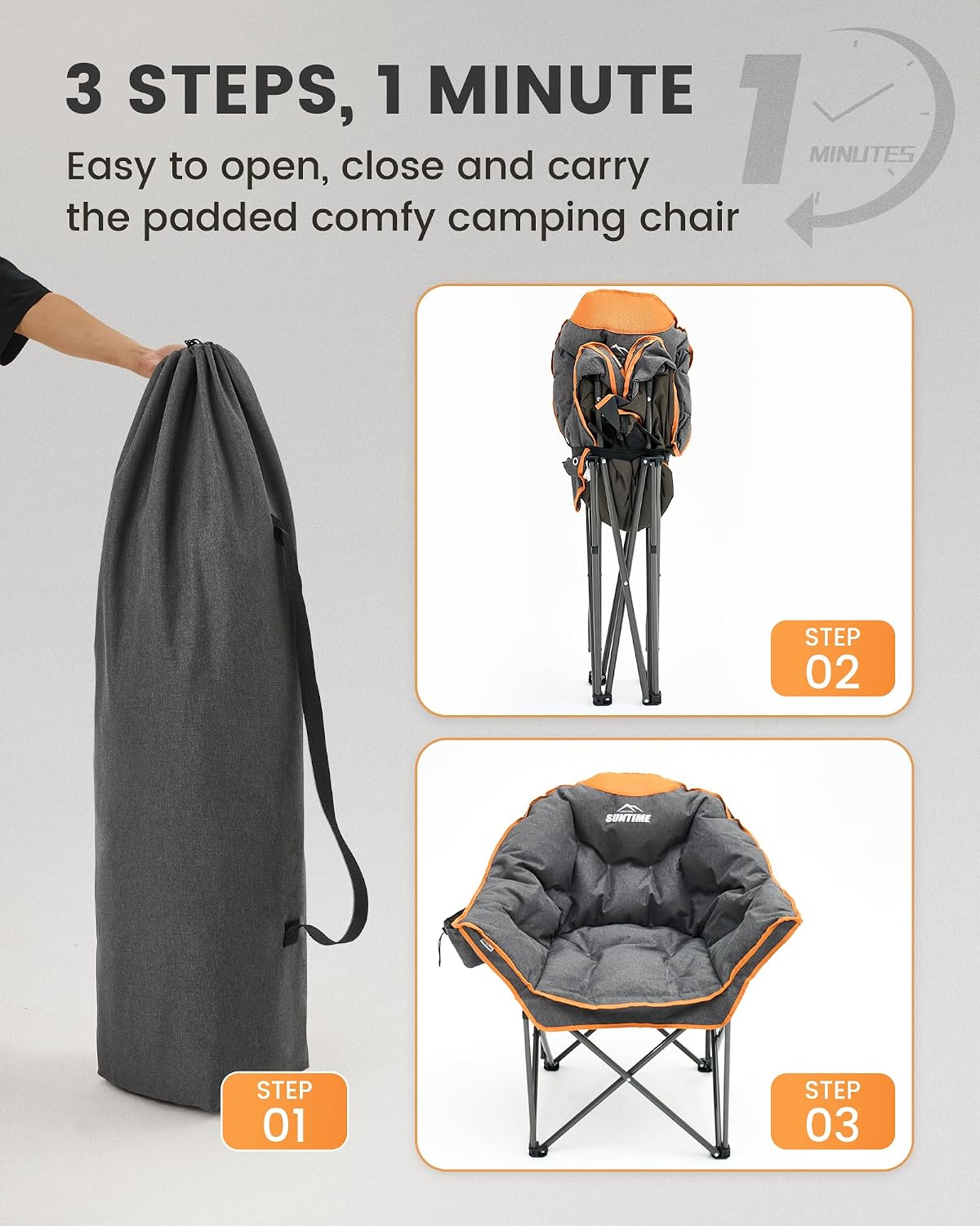 Upgrade Oversized Padded Camping Chair with Adjustable Cup Holder,Weight Capacity 400 LBS,Built-in Comfy Foam Armrest Supports,Heavy Duty Moon Leisure Folding Chair for Camping, Orange (2 Pack)