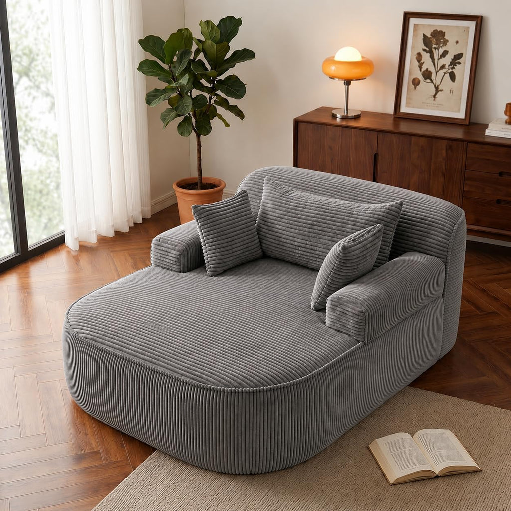 Oversized Chaise Lounge Chair Indoor, Couch Cloud Chair with 3 Comfy Pillows, Corduroy High-Density Foam Reading Chair, Wide Arms Bed Sleeper Sofa for Living Room Bedroom Relaxing